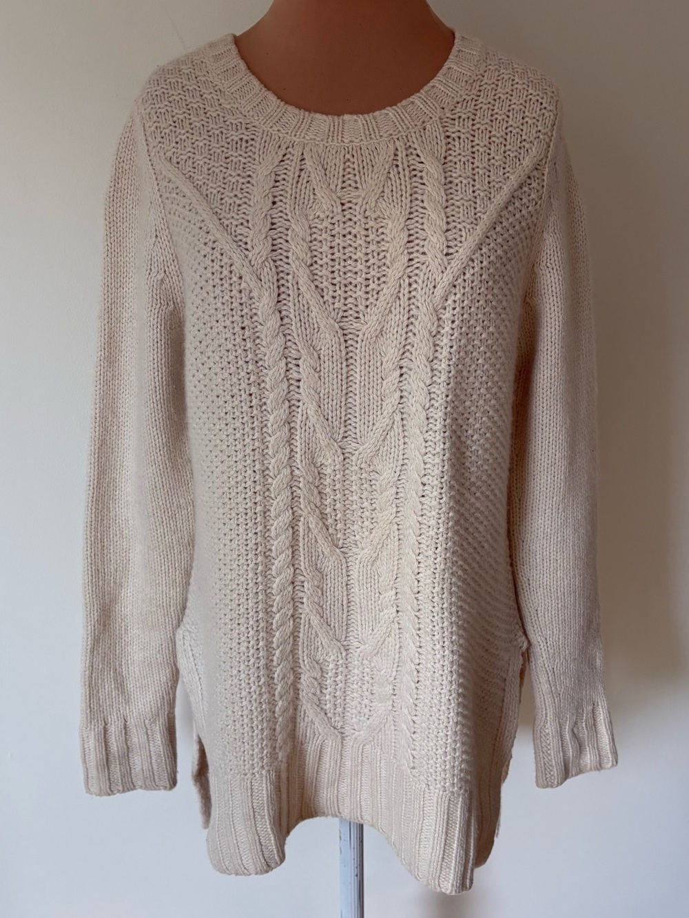 Autumn Cashmere Fisherman Chunky Cableknit High Low Ivory Crew Neck Sweater Sz S
